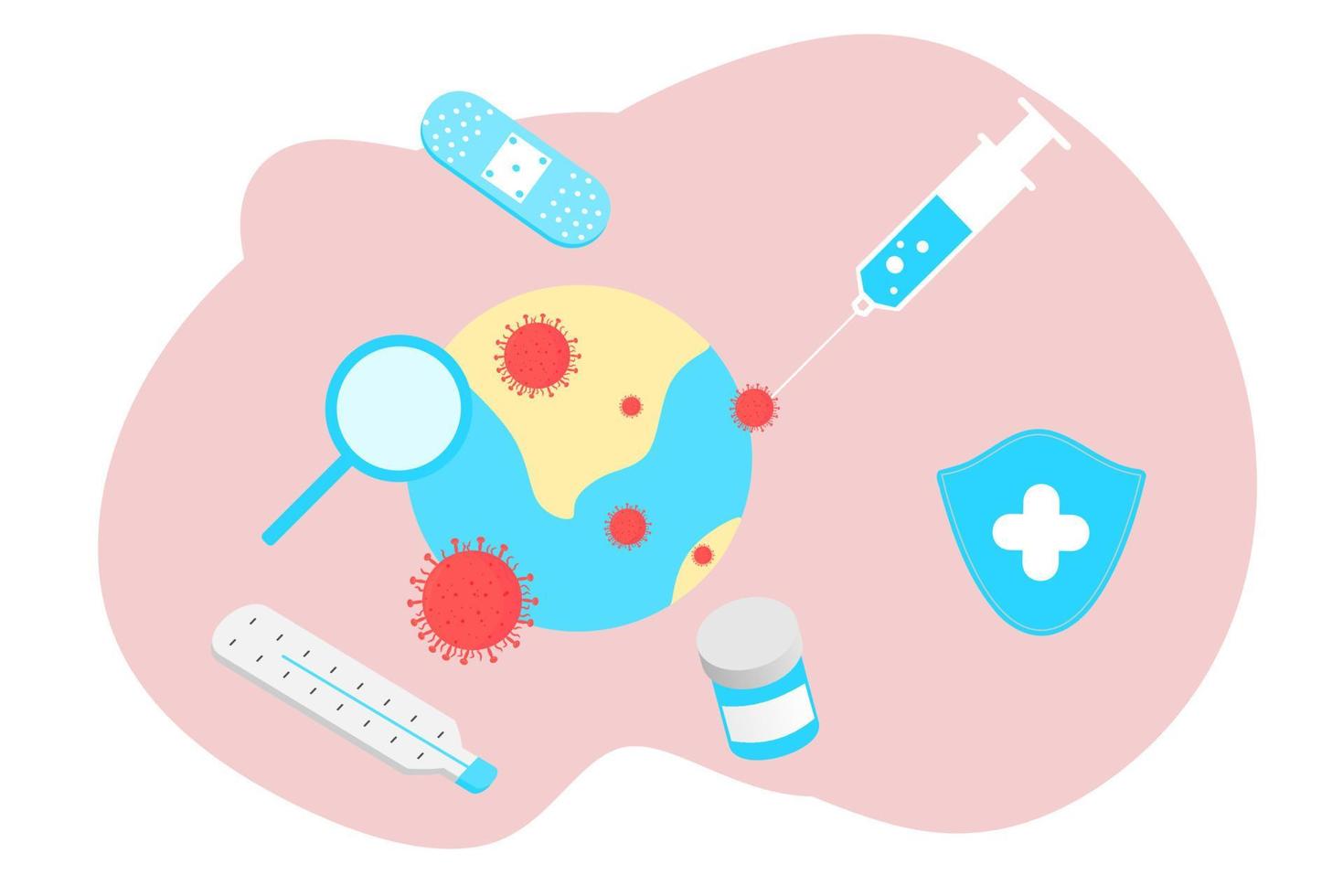 Landing page of vaccination website. Immunization campaign. Health care and protection. Isometric medical treatment. Flat vector illustration for for medical web icons, UI, mobile application, posters