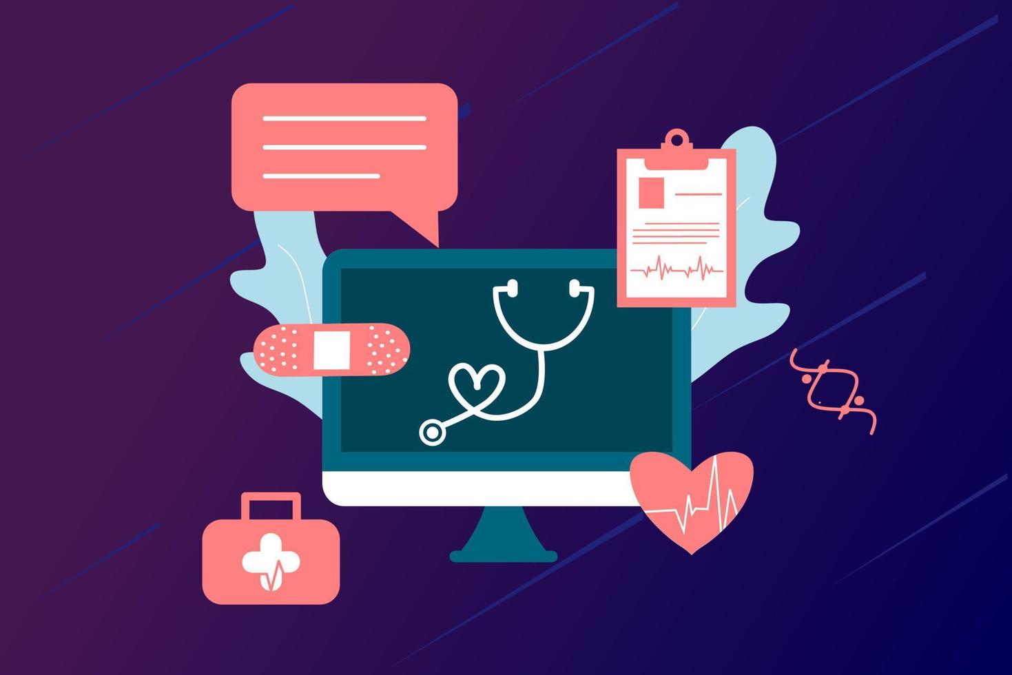 Online health tele medicine flat illustration. Online medical healthcare consultation and treatment via application of computer connected internet clinic. Online ask doctor consultation technology. vector