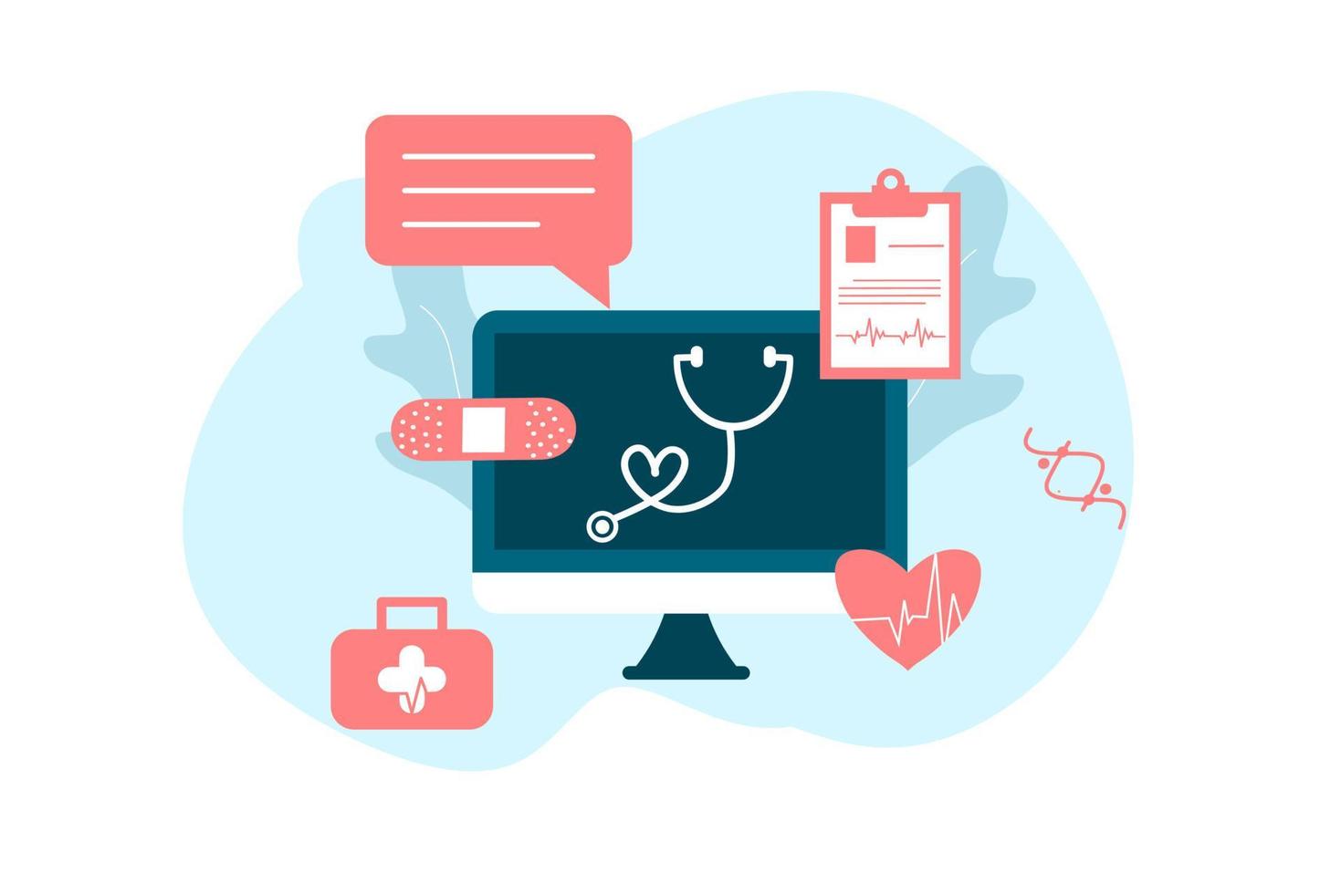 ilustración plana de telemedicina de salud en línea. consulta y tratamiento de atención médica en línea a través de la aplicación de una clínica de Internet conectada a una computadora. tecnología de consulta médica en línea. vector