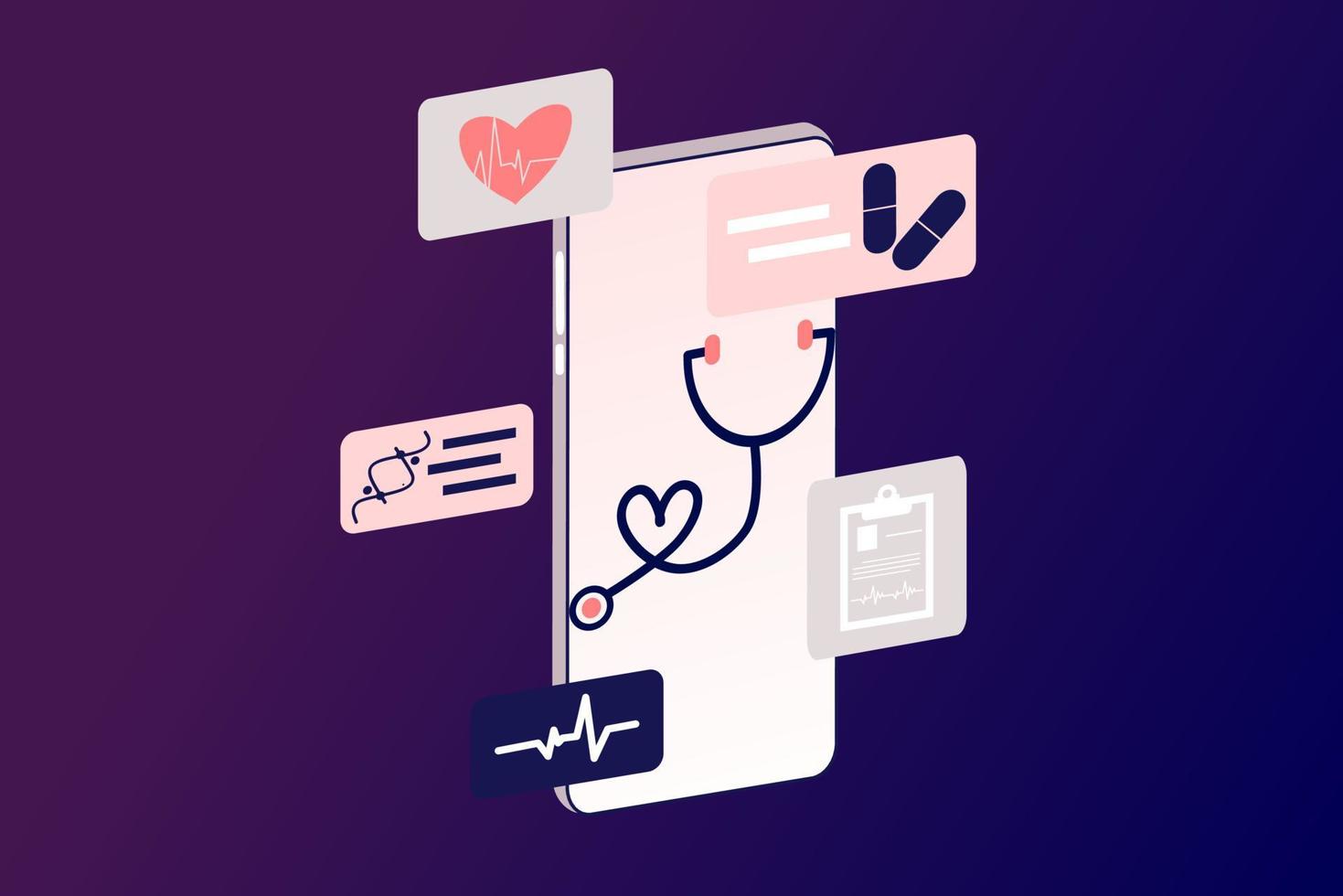 ilustración plana de telemedicina de salud en línea. Consulta y tratamiento de atención médica en línea a través de la aplicación de teléfono móvil de la clínica de Internet conectada a la computadora. Consulta médica en línea. vector