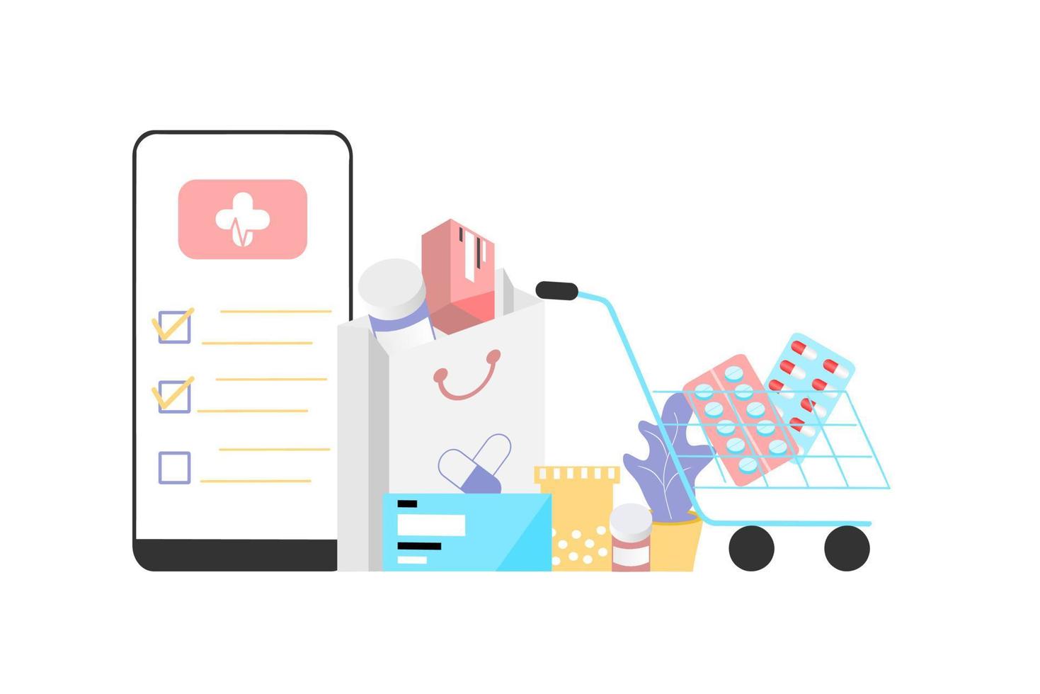 Online pharmacy app concept of healthcare, drugstore and e-commerce. Vector illustration of prescription drugs, first aid kit and medical supplies being sold online via web or computer technology.