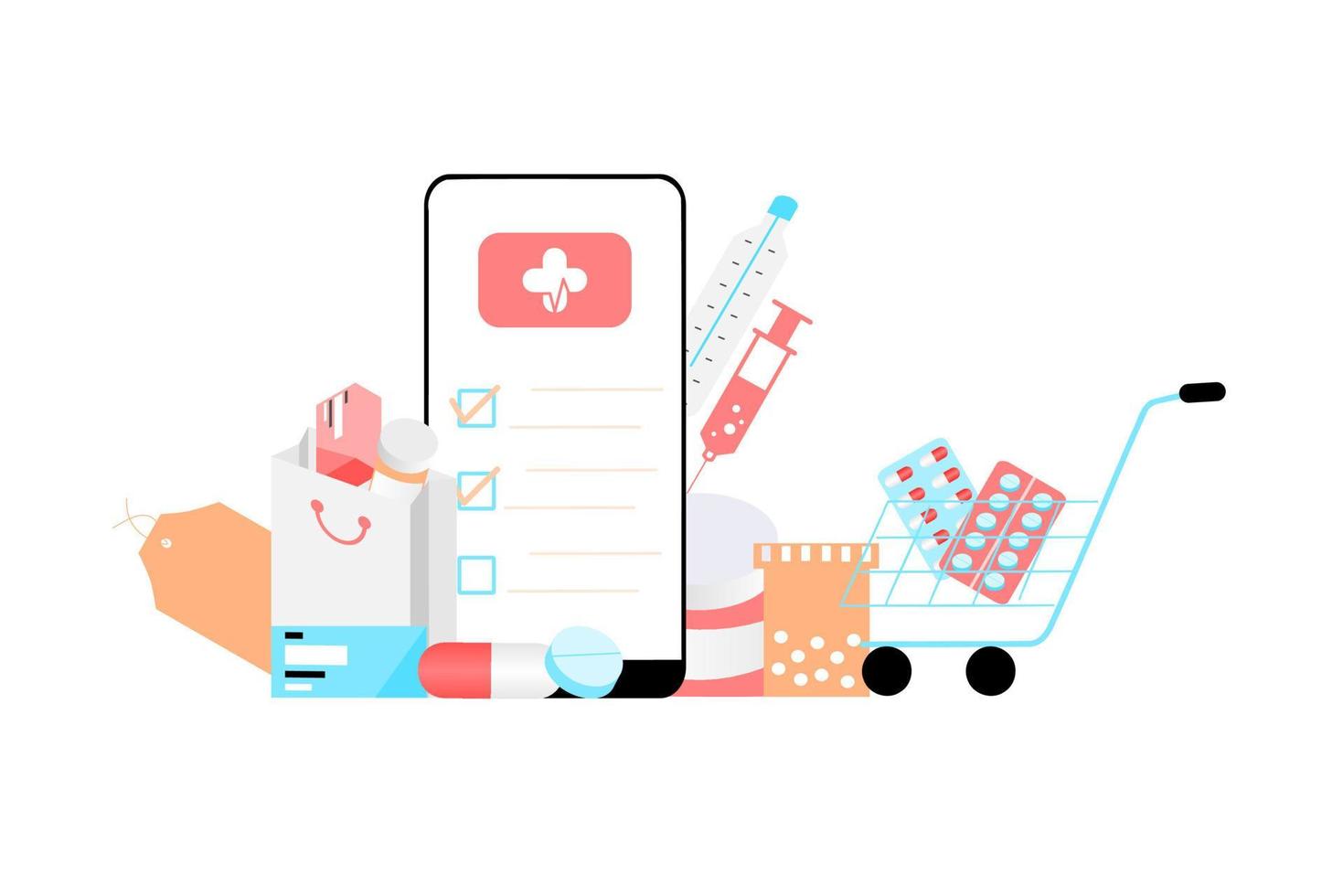 Online pharmacy app concept of healthcare, drugstore and e-commerce. Vector illustration of prescription drugs, first aid kit and medical supplies being sold online via web or computer technology.