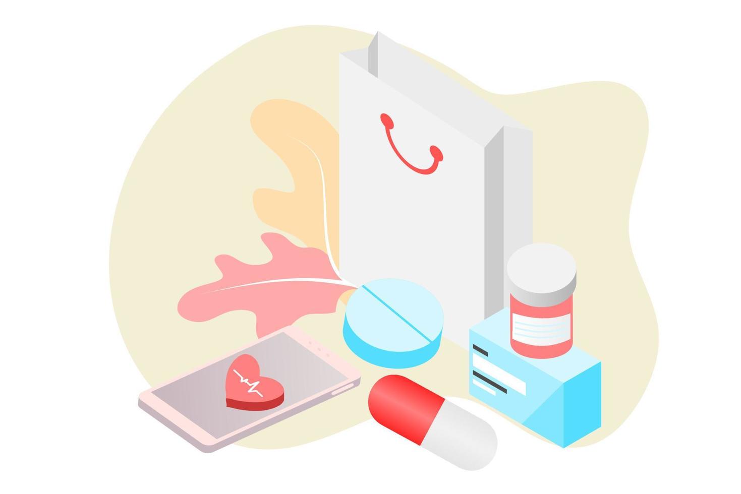 Online pharmacy app concept of healthcare, drugstore and e-commerce. Vector illustration of prescription drugs, first aid kit and medical supplies being sold online via web or computer technology.