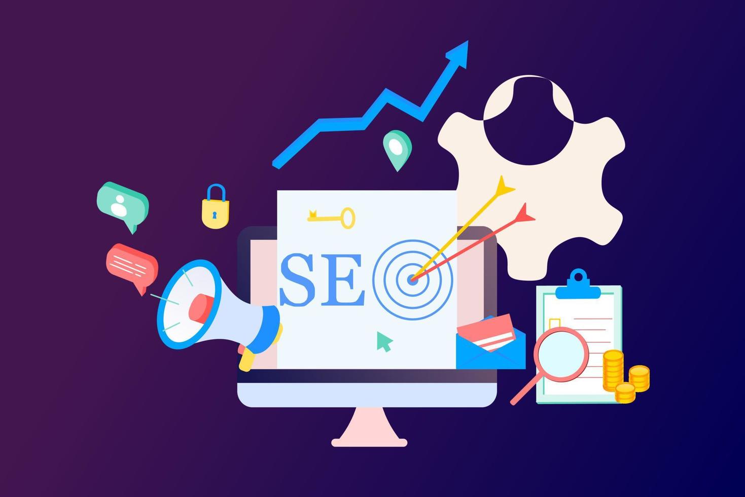 página de destino de la optimización de motores de búsqueda seo plantilla isométrica de diseño plano moderno. análisis y optimización de seo conceptual, estrategias de seo e ilustración de vector de concepto de marketing para sitio web.