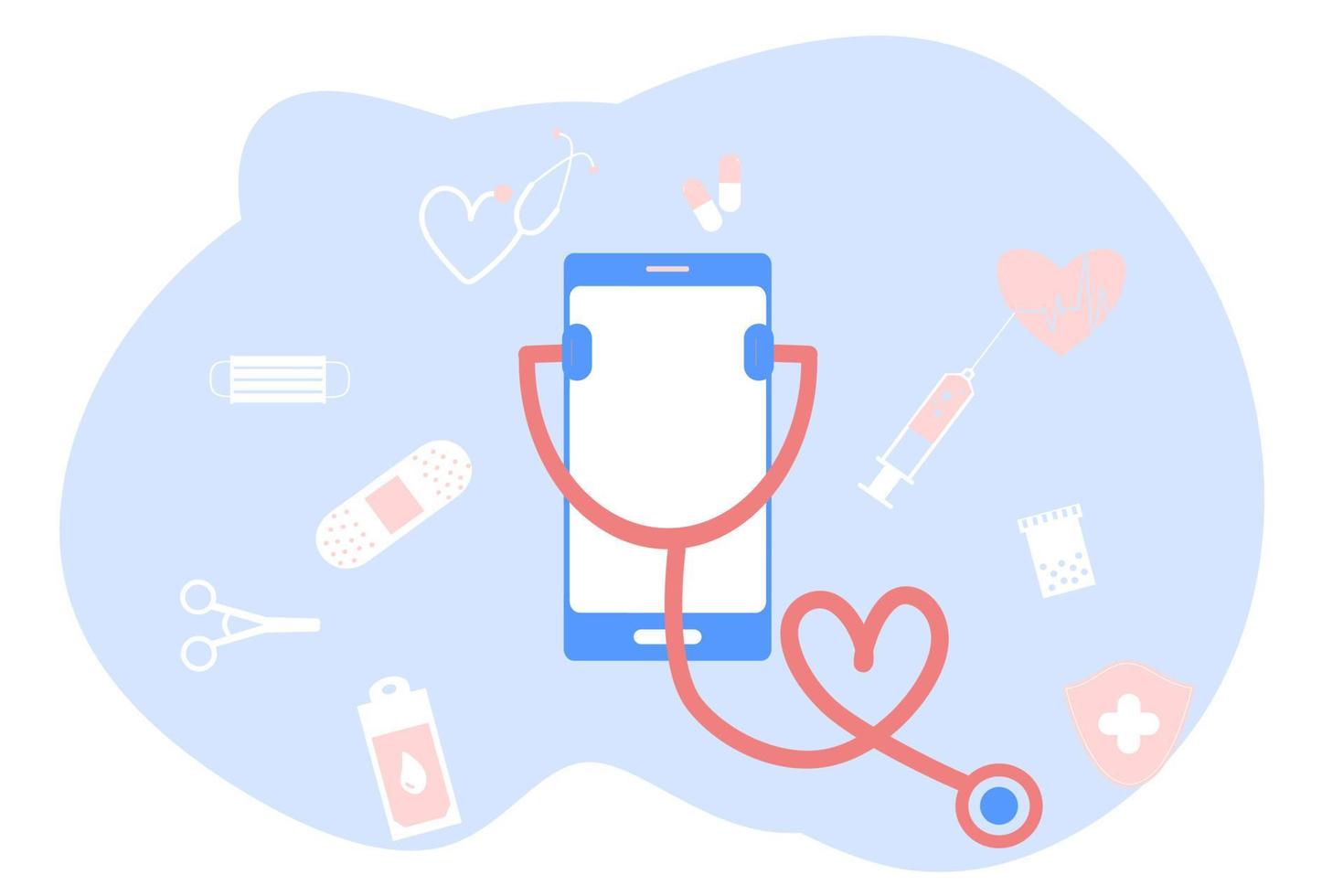 ilustración plana de telemedicina de salud en línea. consulta y tratamiento de atención médica en línea a través de la aplicación de una clínica de Internet conectada a una computadora. tecnología de consulta médica en línea. vector