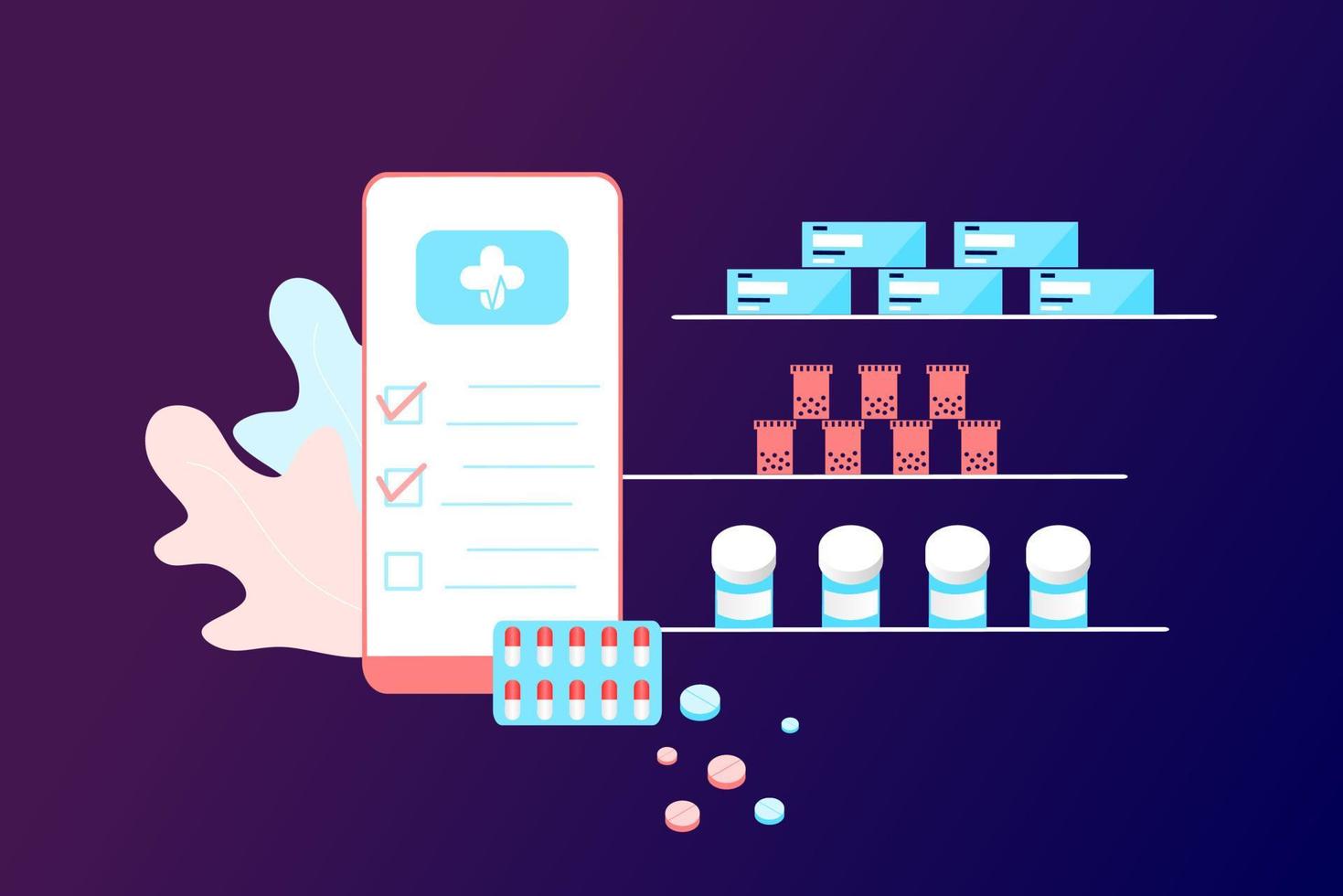 Online pharmacy app concept of healthcare, drugstore and e-commerce. Vector illustration of prescription drugs, first aid kit and medical supplies being sold online via web or computer technology.