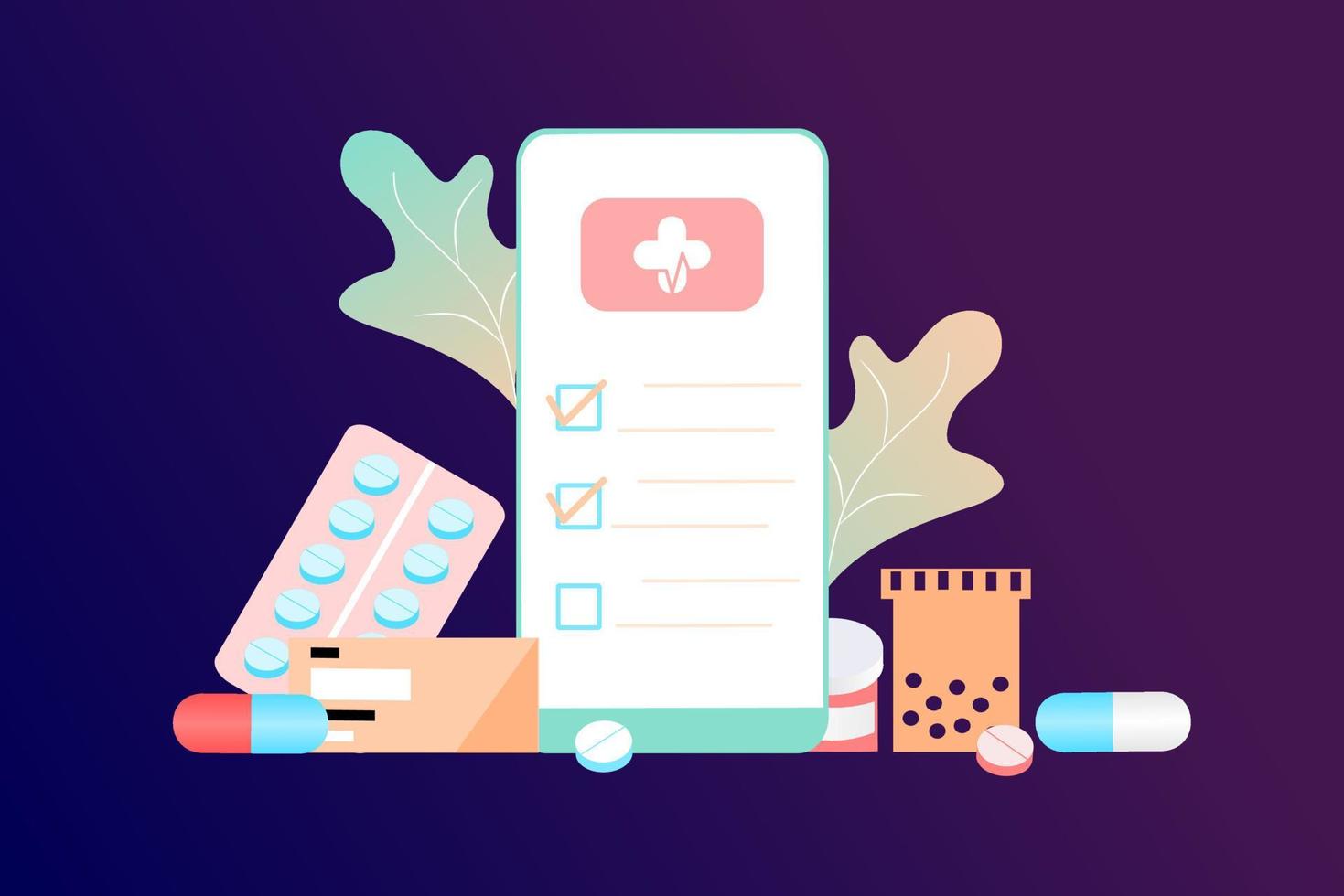 Online pharmacy app concept of healthcare, drugstore and e-commerce. Vector illustration of prescription drugs, first aid kit and medical supplies being sold online via web or computer technology.