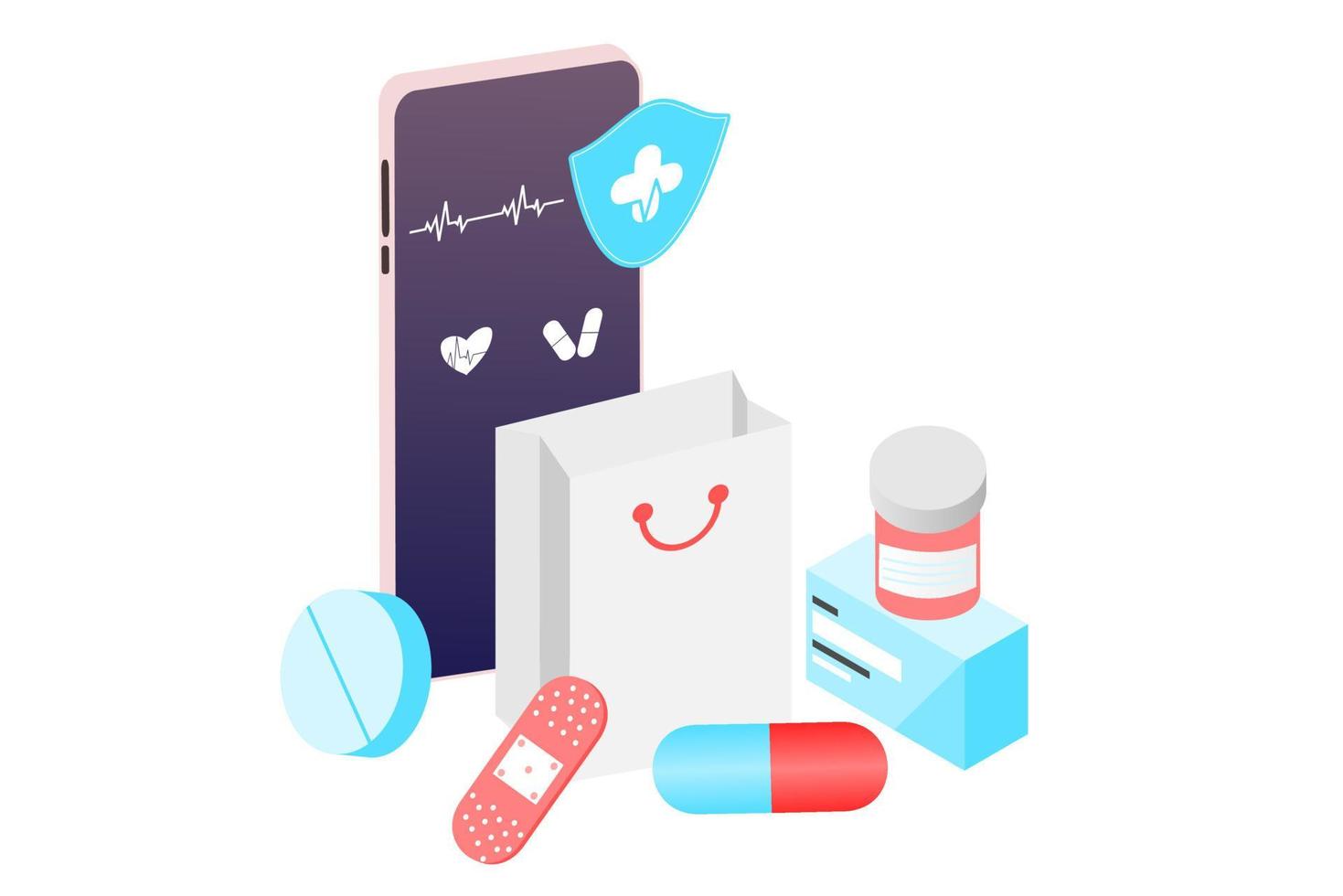 Online pharmacy app concept of healthcare, drugstore and e-commerce. Vector illustration of prescription drugs, first aid kit and medical supplies being sold online via web or computer technology.