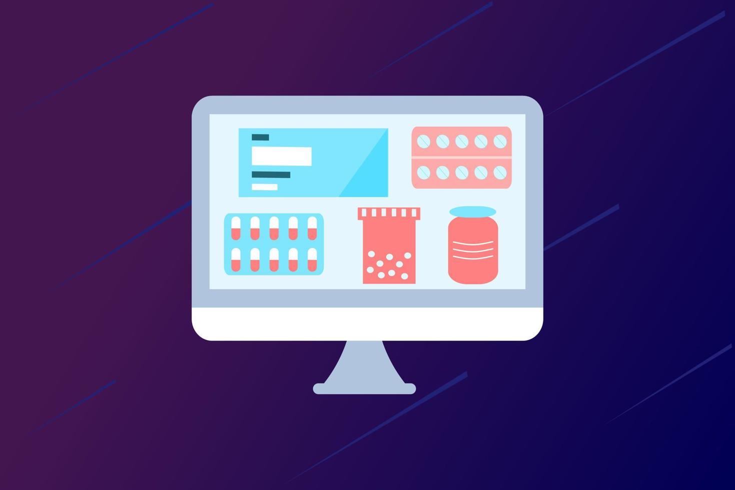 Online pharmacy app concept of healthcare, drugstore and e-commerce. Vector illustration of prescription drugs, first aid kit and medical supplies being sold online via web or computer technology.