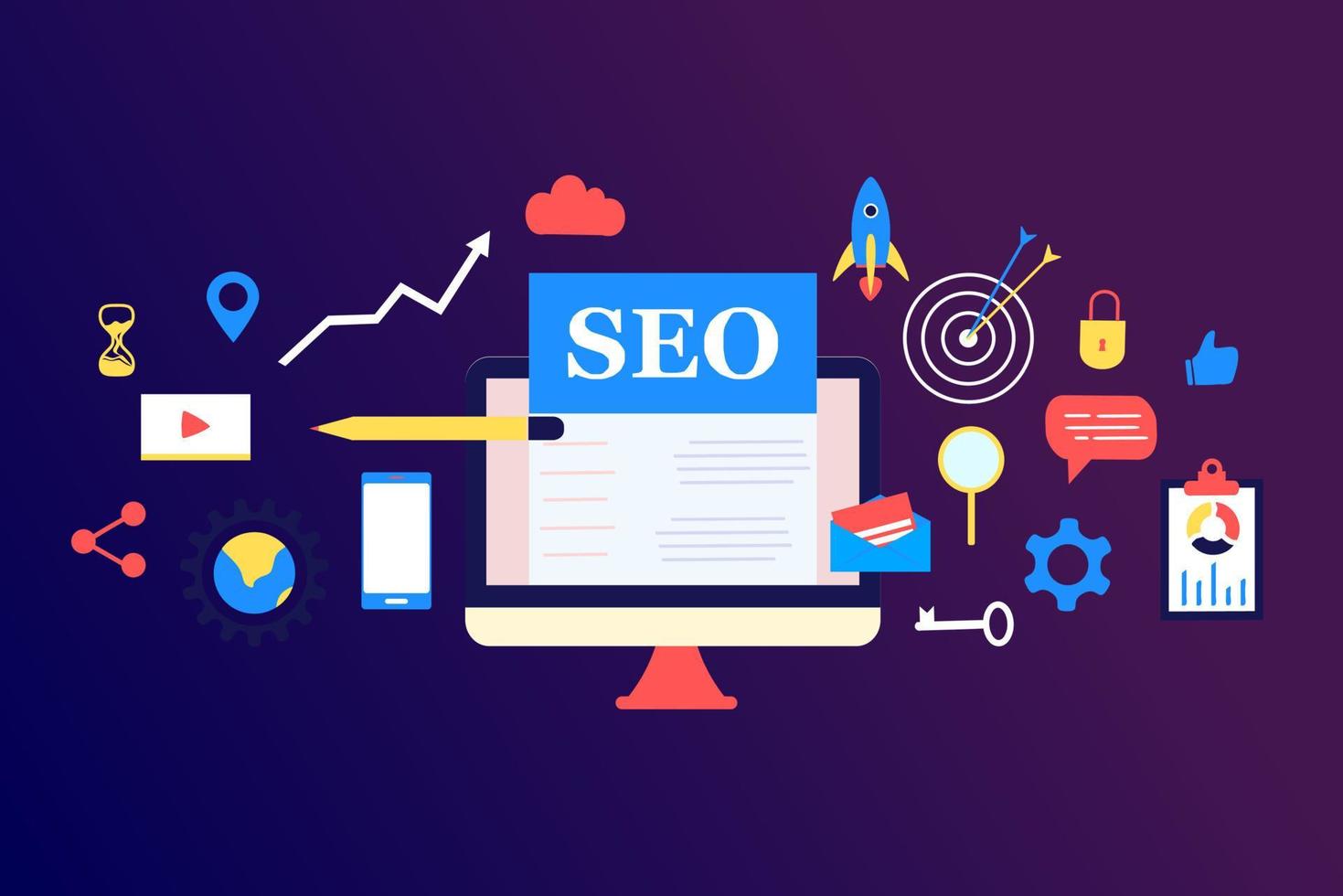 Landing page of SEO Search Engine Optimization modern flat design isometric template. Conceptual SEO analysis and optimization, SEO strategies and marketing concept vector illustration for web site.