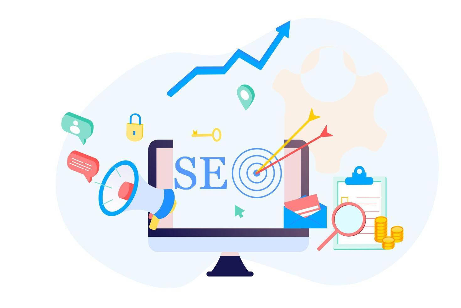 Landing page of SEO Search Engine Optimization modern flat design isometric template. Conceptual SEO analysis and optimization, SEO strategies and marketing concept vector illustration for web site.
