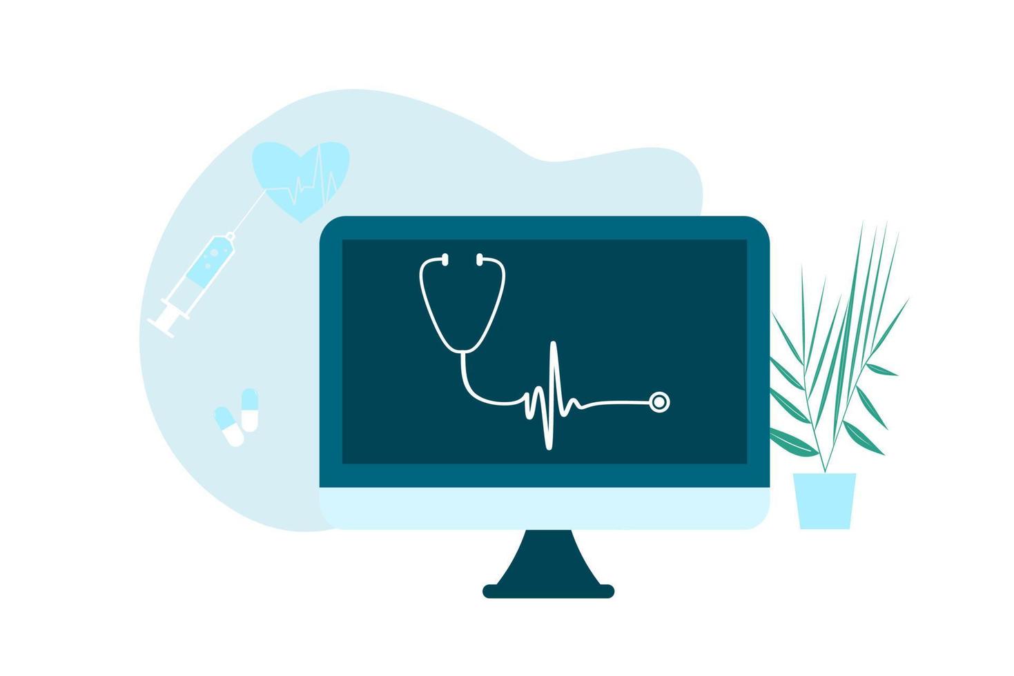 ilustración plana de telemedicina de salud en línea. consulta y tratamiento de atención médica en línea a través de la aplicación de una clínica de Internet conectada a una computadora. tecnología de consulta médica en línea. vector