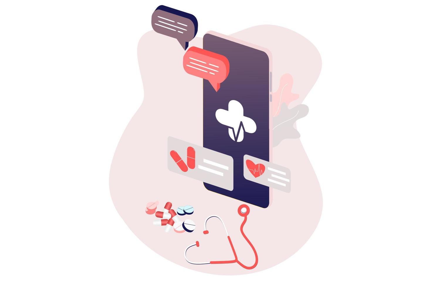 Online health tele medicine flat illustration. Online medical healthcare consultation and treatment via mobile phone application of computer connected internet clinic. Online ask doctor consultation. vector
