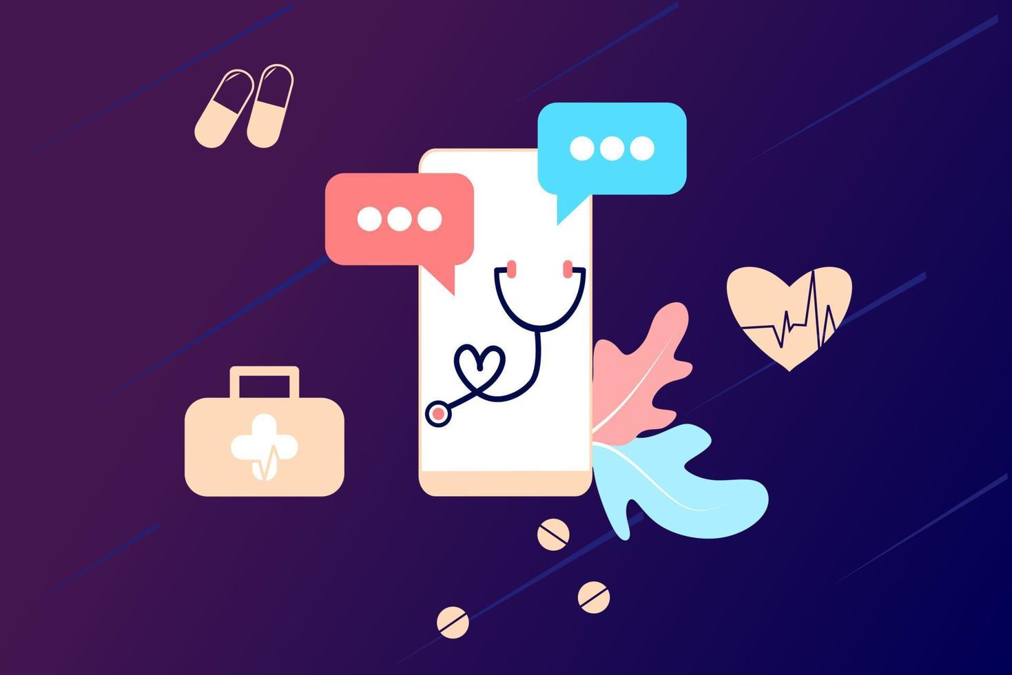 Online health tele medicine flat illustration. Online medical healthcare consultation and treatment via mobile phone application of computer connected internet clinic. Online ask doctor consultation. vector