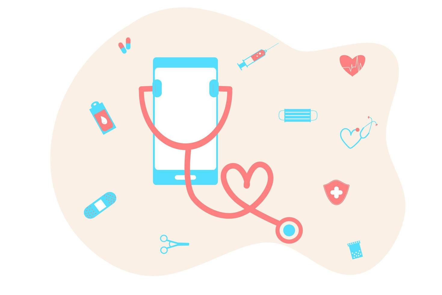 Online health tele medicine flat illustration. Online medical healthcare consultation and treatment via mobile phone application of computer connected internet clinic. Online ask doctor consultation. vector