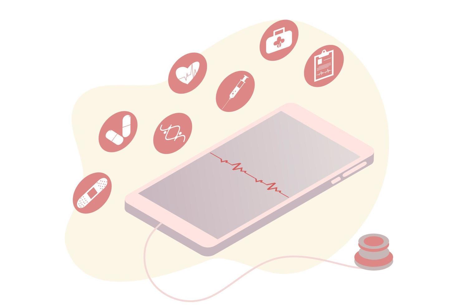 Online health tele medicine flat illustration. Online medical healthcare consultation and treatment via mobile phone application of computer connected internet clinic. Online ask doctor consultation. vector