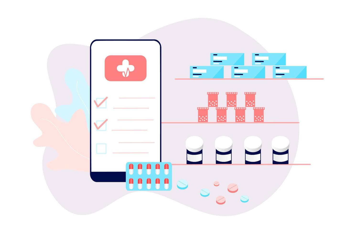 Online pharmacy app concept of healthcare, drugstore and e-commerce. Vector illustration of prescription drugs, first aid kit and medical supplies being sold online via web or computer technology.