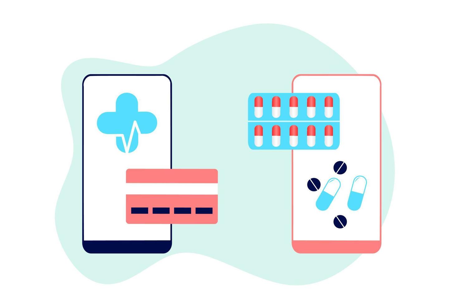 Online pharmacy app concept of healthcare, drugstore and e-commerce. Vector illustration of prescription drugs, first aid kit and medical supplies being sold online via web or computer technology.