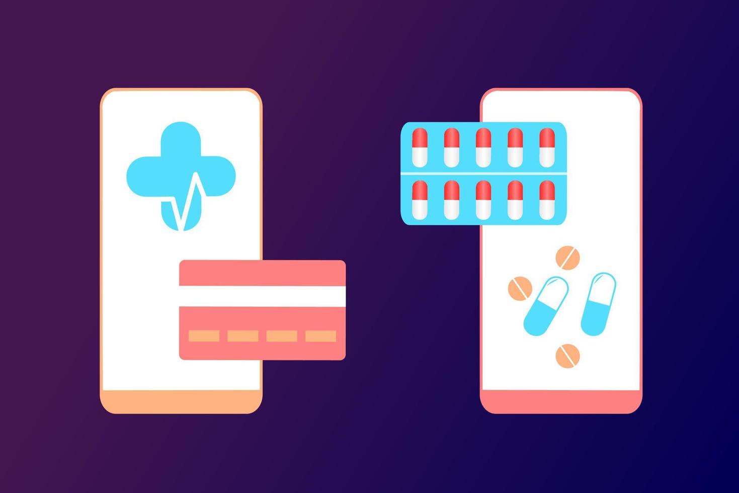 Online pharmacy app concept of healthcare, drugstore and e-commerce. Vector illustration of prescription drugs, first aid kit and medical supplies being sold online via web or computer technology.