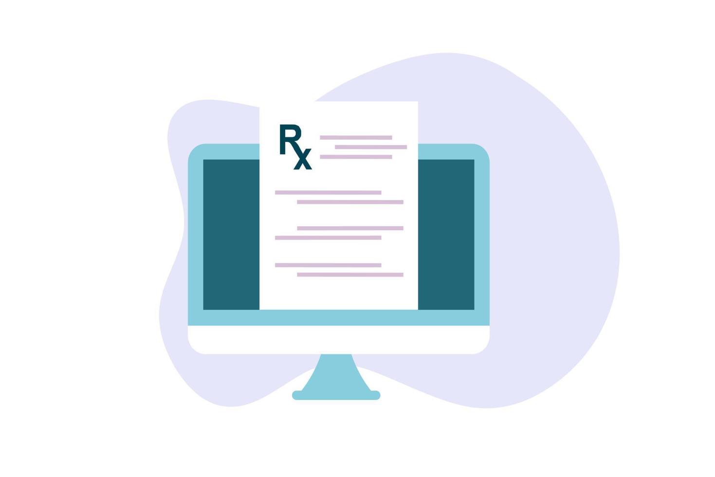 Online medical prescription digital document or online test results report on mobile computer screen. Concept of pharmacy drugstore, diagnosis, hospital, healthcare. Flat vector illustration.