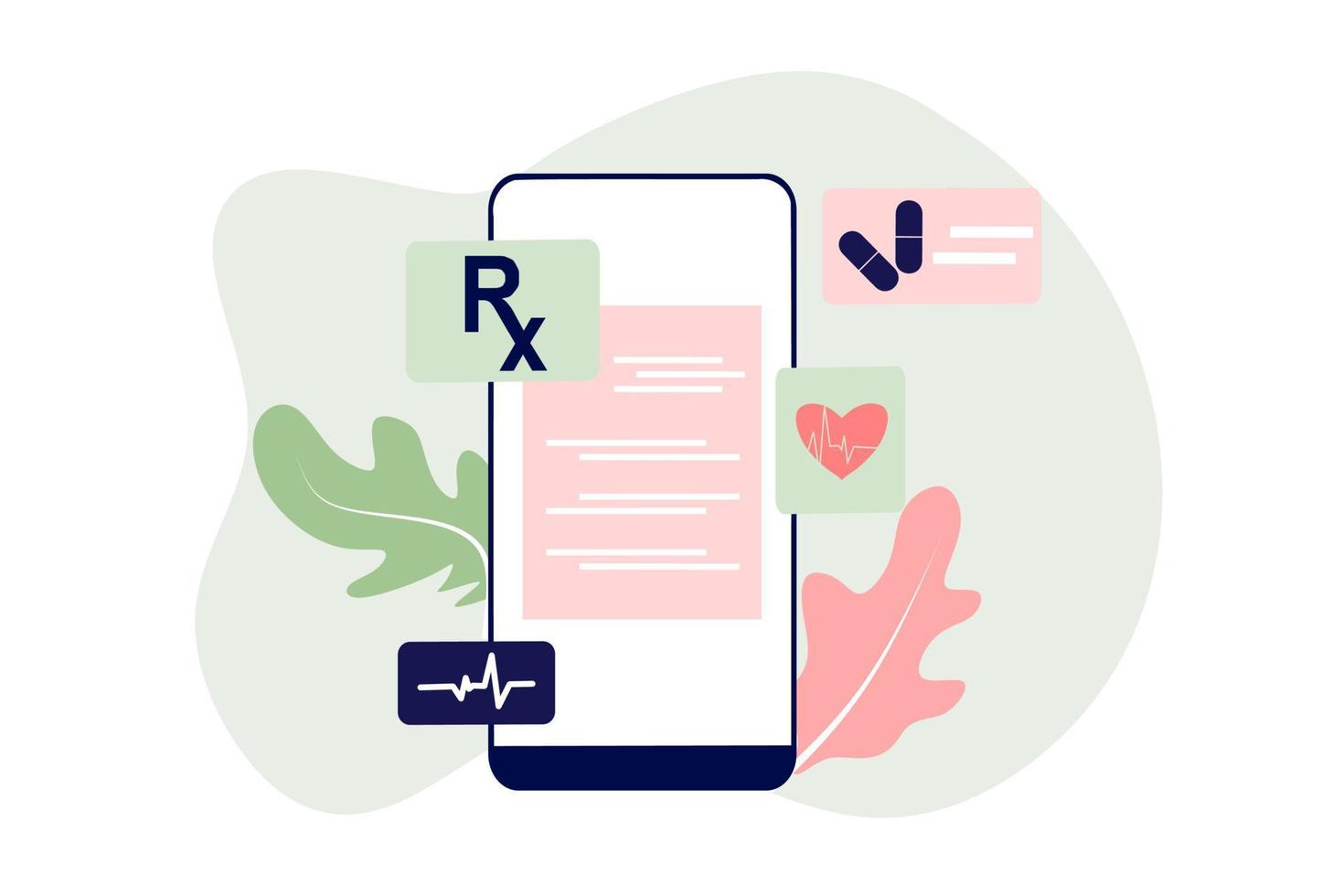 documento digital de prescripción médica en línea o informe de resultados de pruebas en línea en la pantalla de la computadora móvil. concepto de farmacia farmacia, diagnóstico, hospital, salud. ilustración vectorial plana. vector