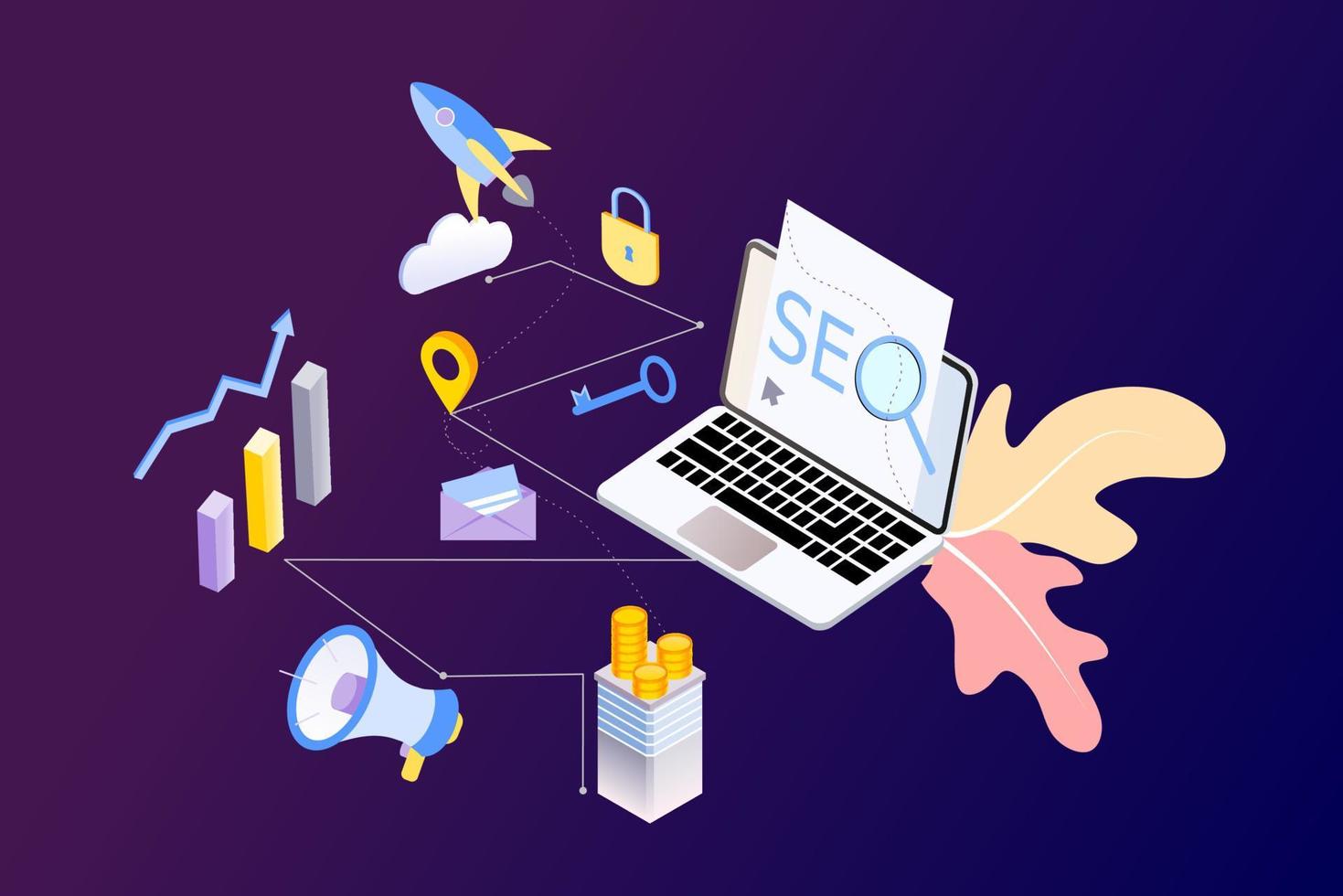 Landing page of SEO Search Engine Optimization modern flat design isometric template. Conceptual SEO analysis and optimization, SEO strategies and marketing concept vector illustration for web site.