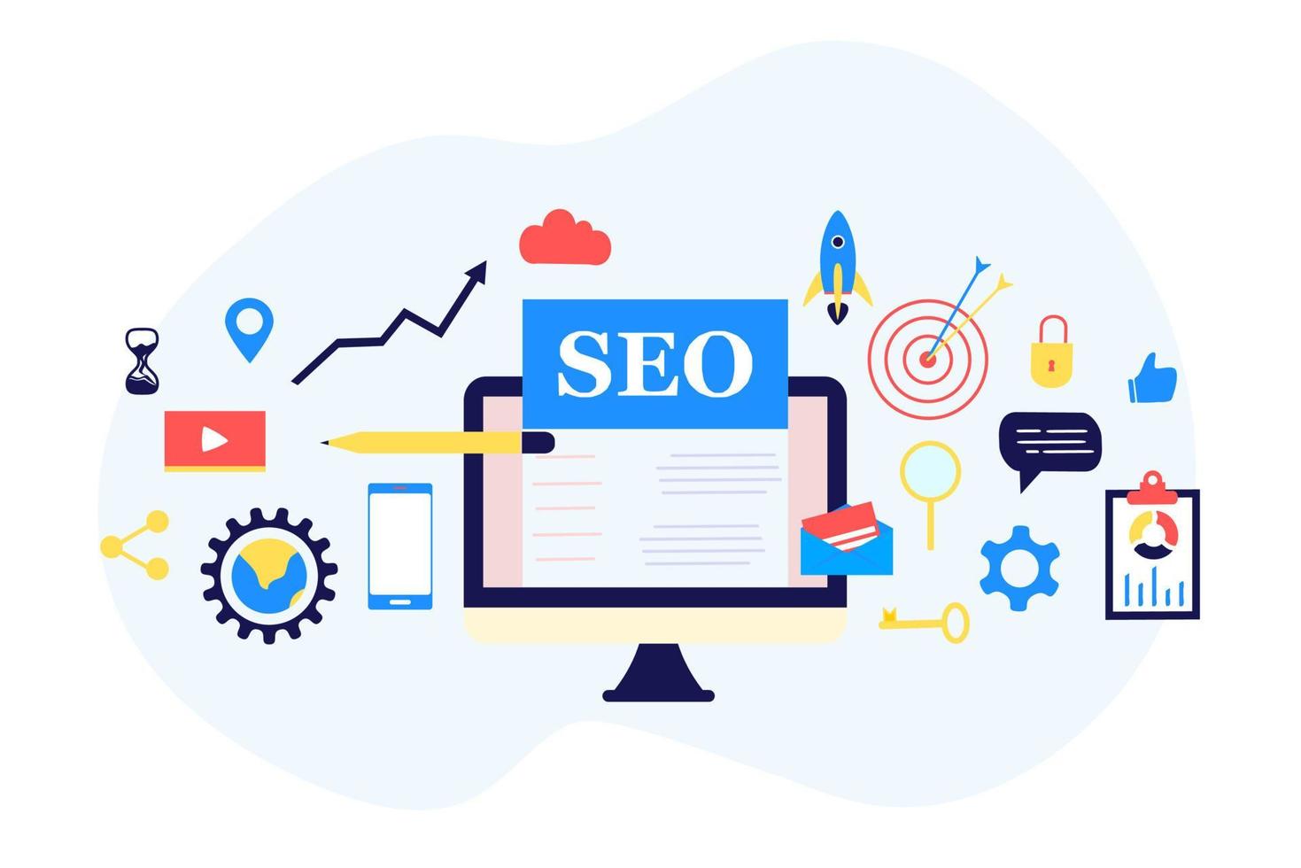 Landing page of SEO Search Engine Optimization modern flat design isometric template. Conceptual SEO analysis and optimization, SEO strategies and marketing concept vector illustration for web site.