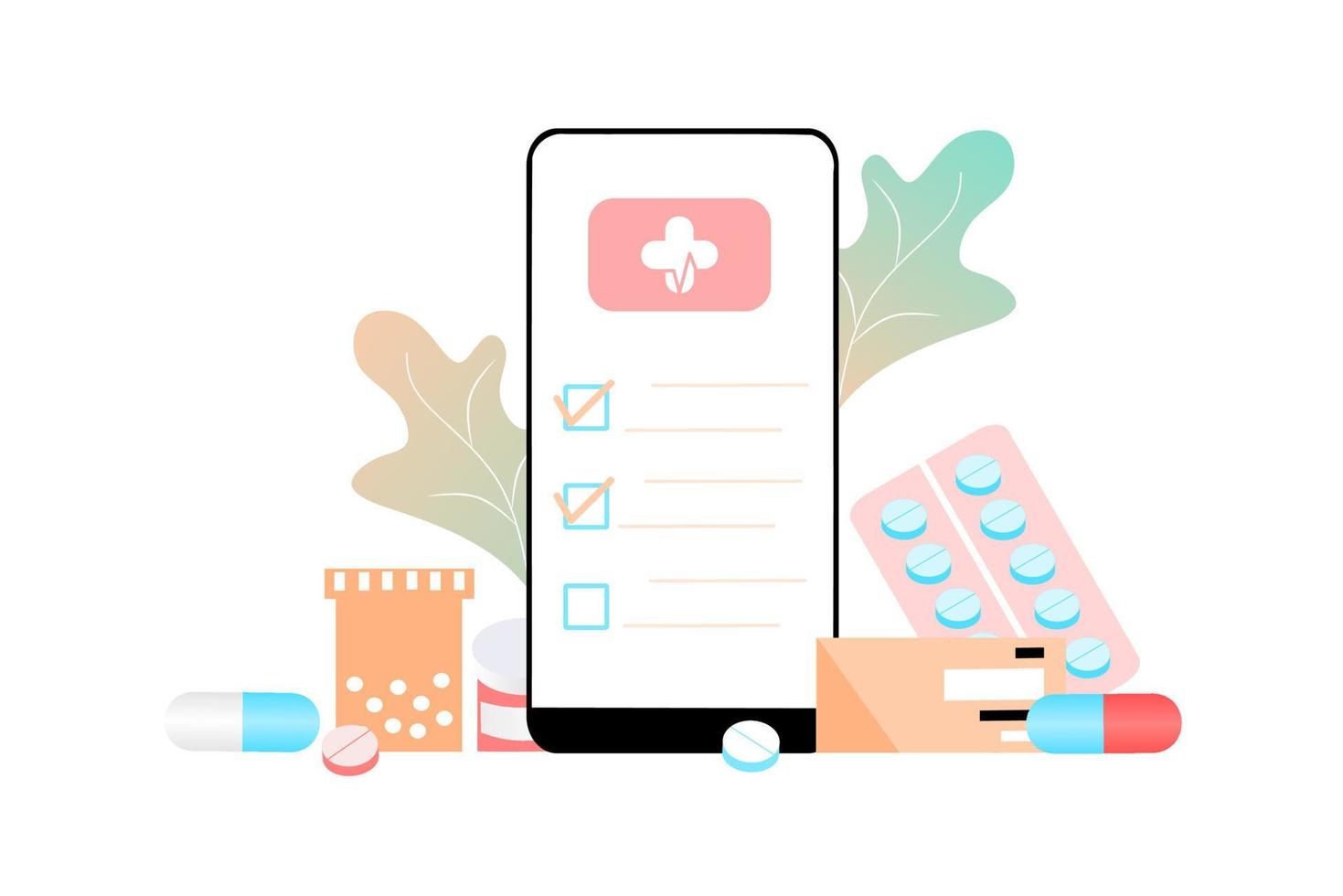 Online pharmacy app concept of healthcare, drugstore and e-commerce. Vector illustration of prescription drugs, first aid kit and medical supplies being sold online via web or computer technology.