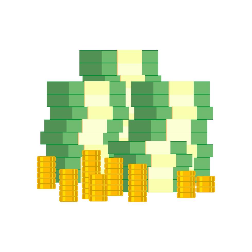 Big stacked pile of cash money and gold coins. vector