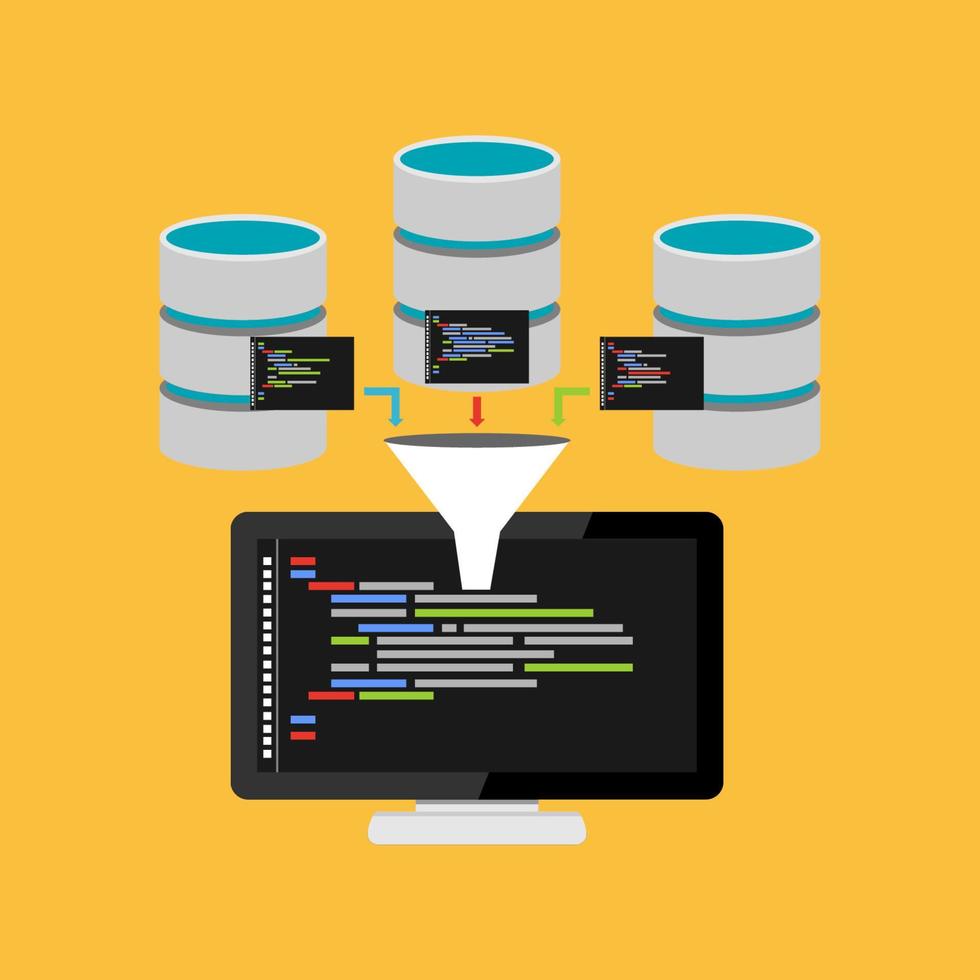 código de script para consulta de base de datos. ilustración del concepto de proceso de minería de datos. vector