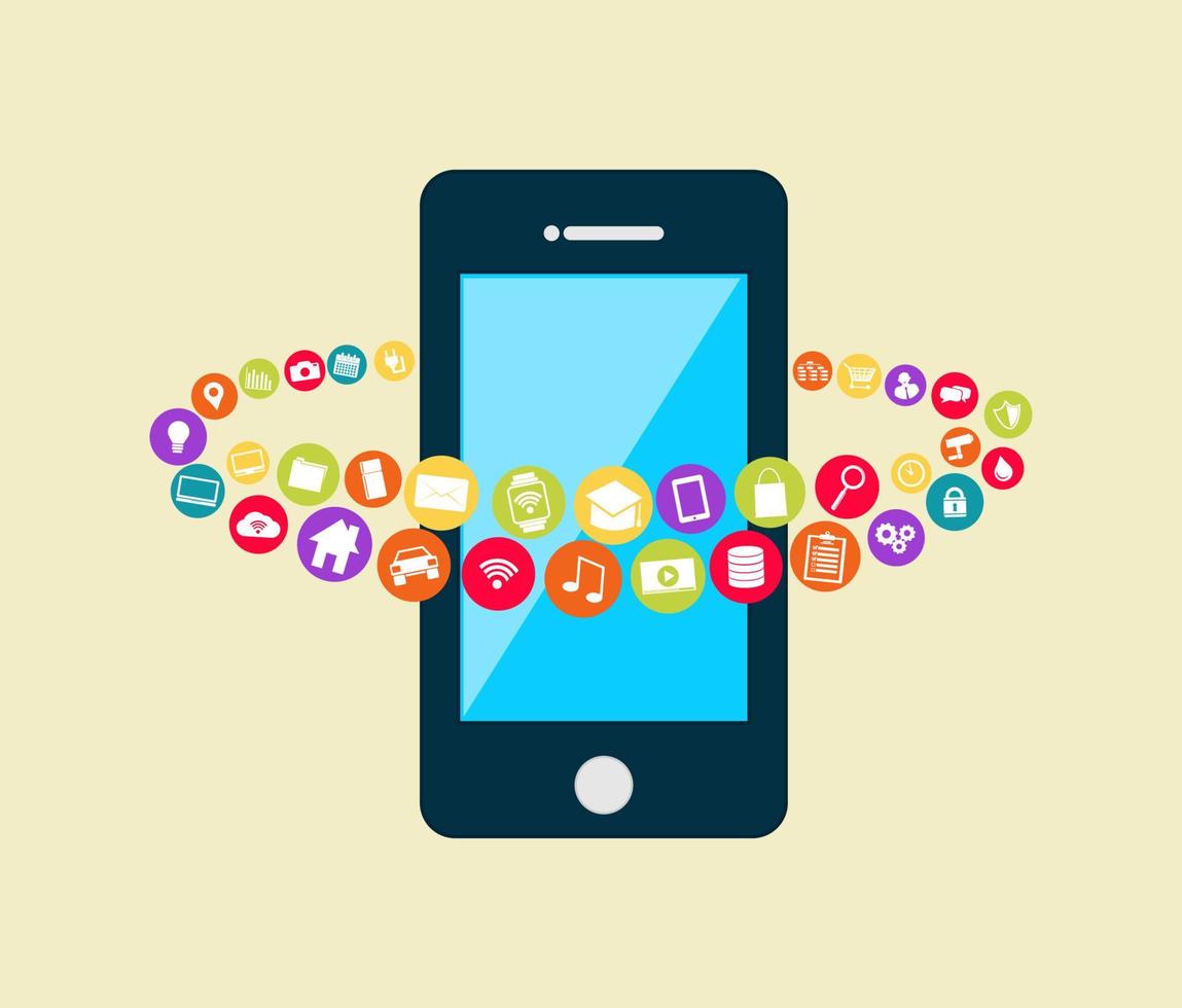Smartphone with multimedia applications. Mobile applications technology. vector