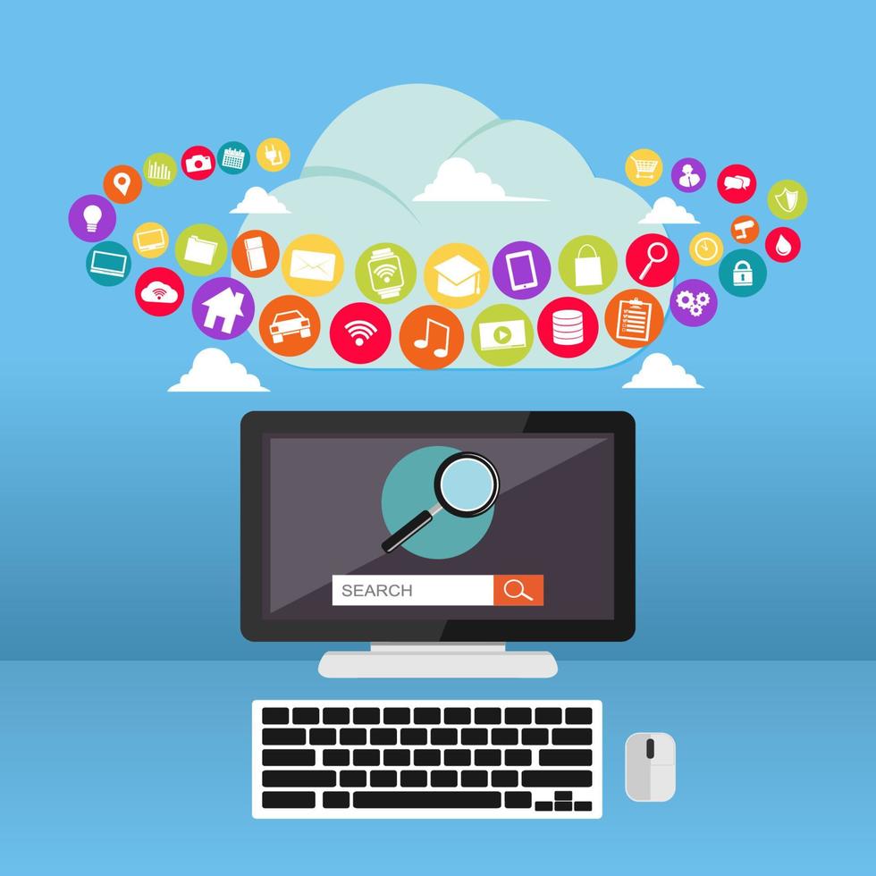 Cloud computing. Data storage device. Internet contents. Web Applications. vector