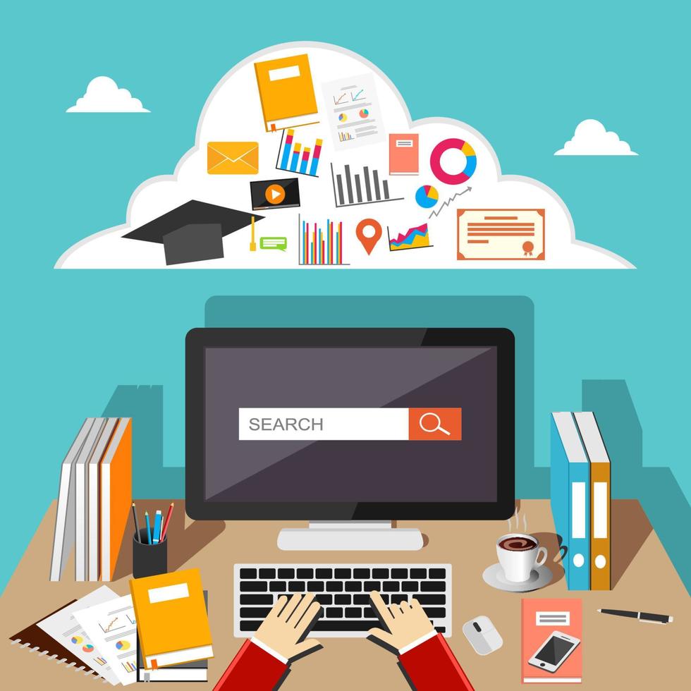 Student browsing internet using computer. Working on computer at home. vector