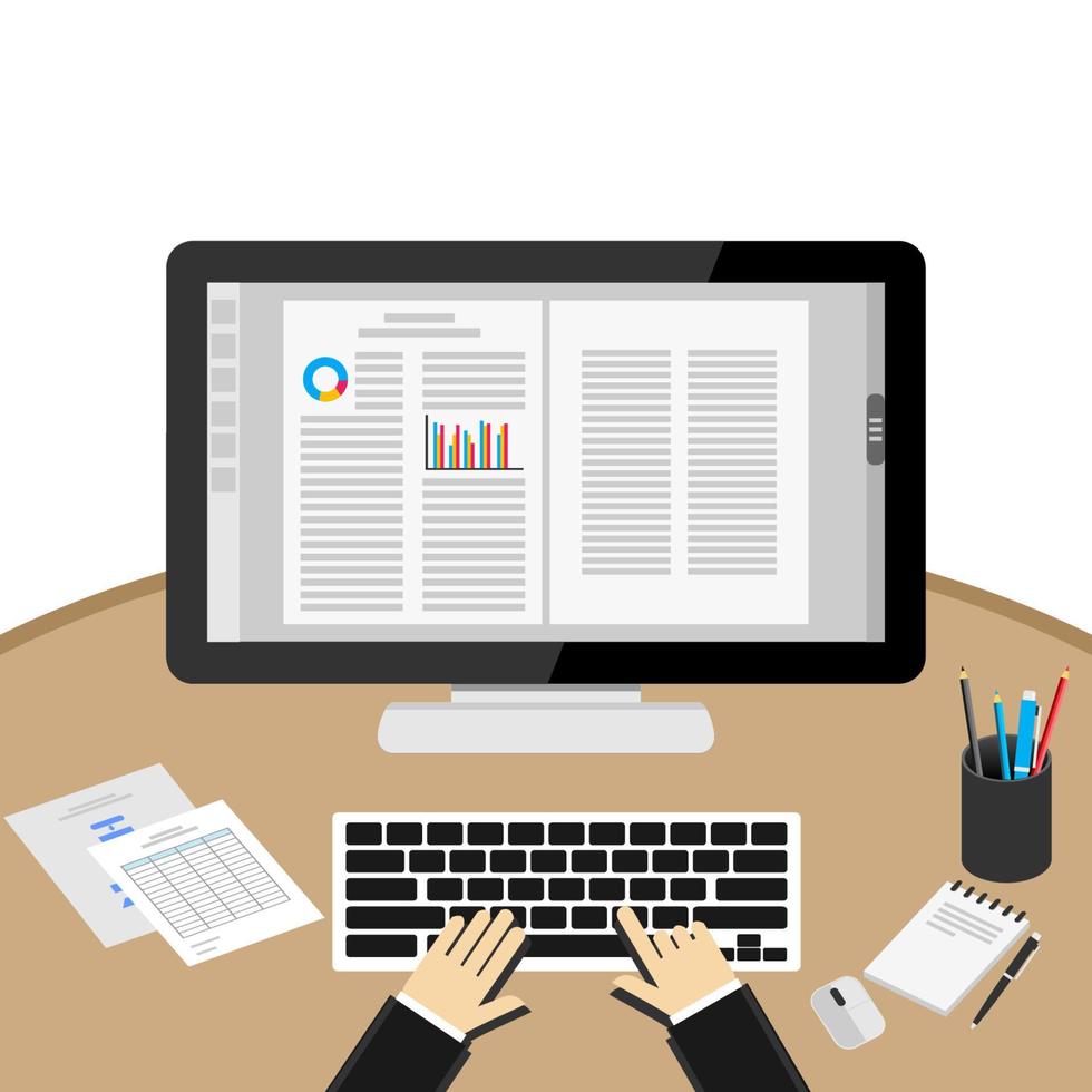 Businessman Using Computer At Desk. Word processor application. vector