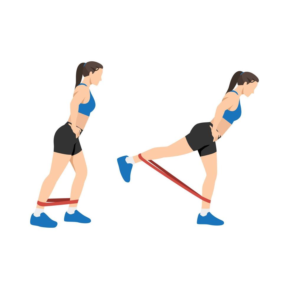 Woman doing resistance band kickback exercise. Flat vector illustration isolated on white background