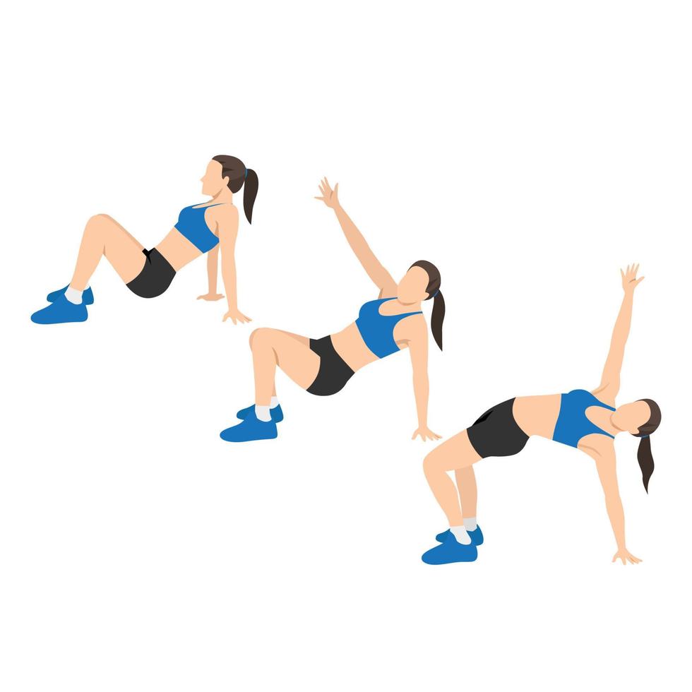 Woman doing bridge and twist exercise. Flat vector illustration isolated on white background