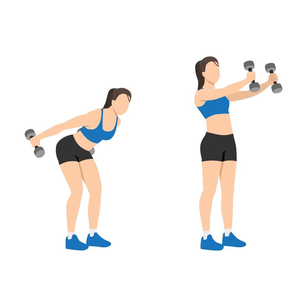 Woman doing dumbbell skier swing exercise. Flat vector illustration isolated on white background