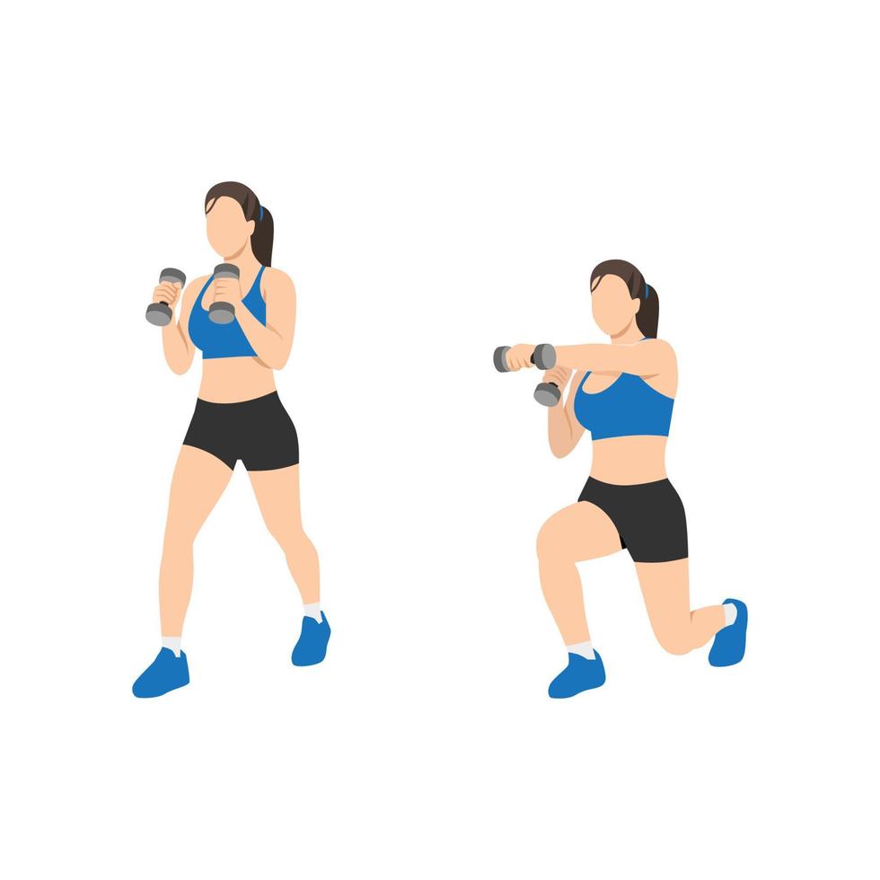 Woman doing lunge punch with dumbbell exercise. Flat vector illustration isolated on white background