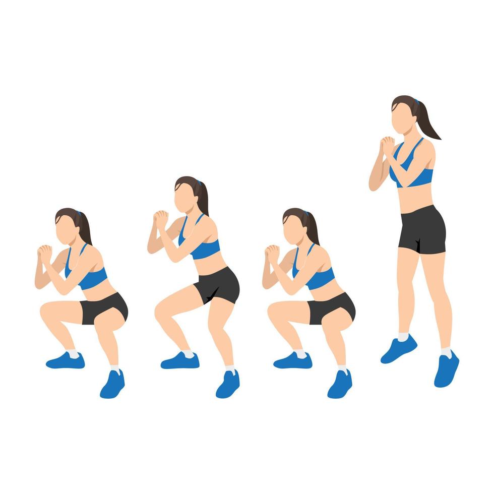 Woman doing double pulse squat jump exercise. Flat vector illustration isolated on white background