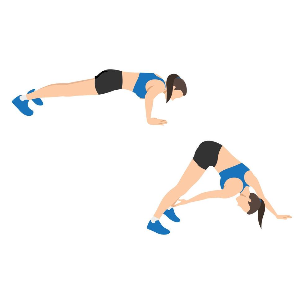 Woman doing Ankle tap push ups exercise. Flat vector illustration isolated on white background