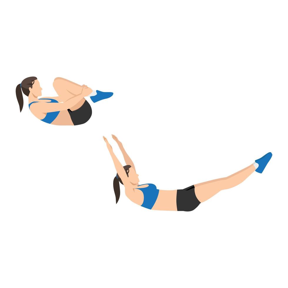 Woman doing Double leg stretch exercise. Flat vector illustration isolated on white background