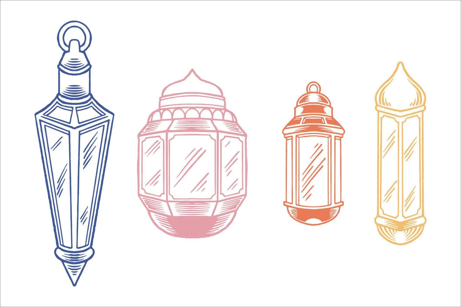 conjunto de linternas dibujadas a mano para ramadán en estilo colorido. vector