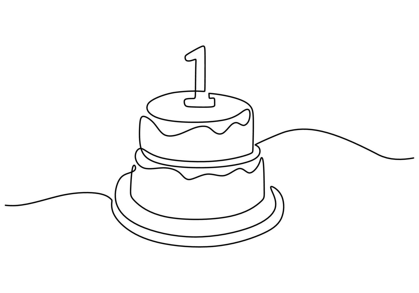 una sola línea continua de pastel de cumpleaños y globo para celebración infantil aislada en fondo blanco. vector