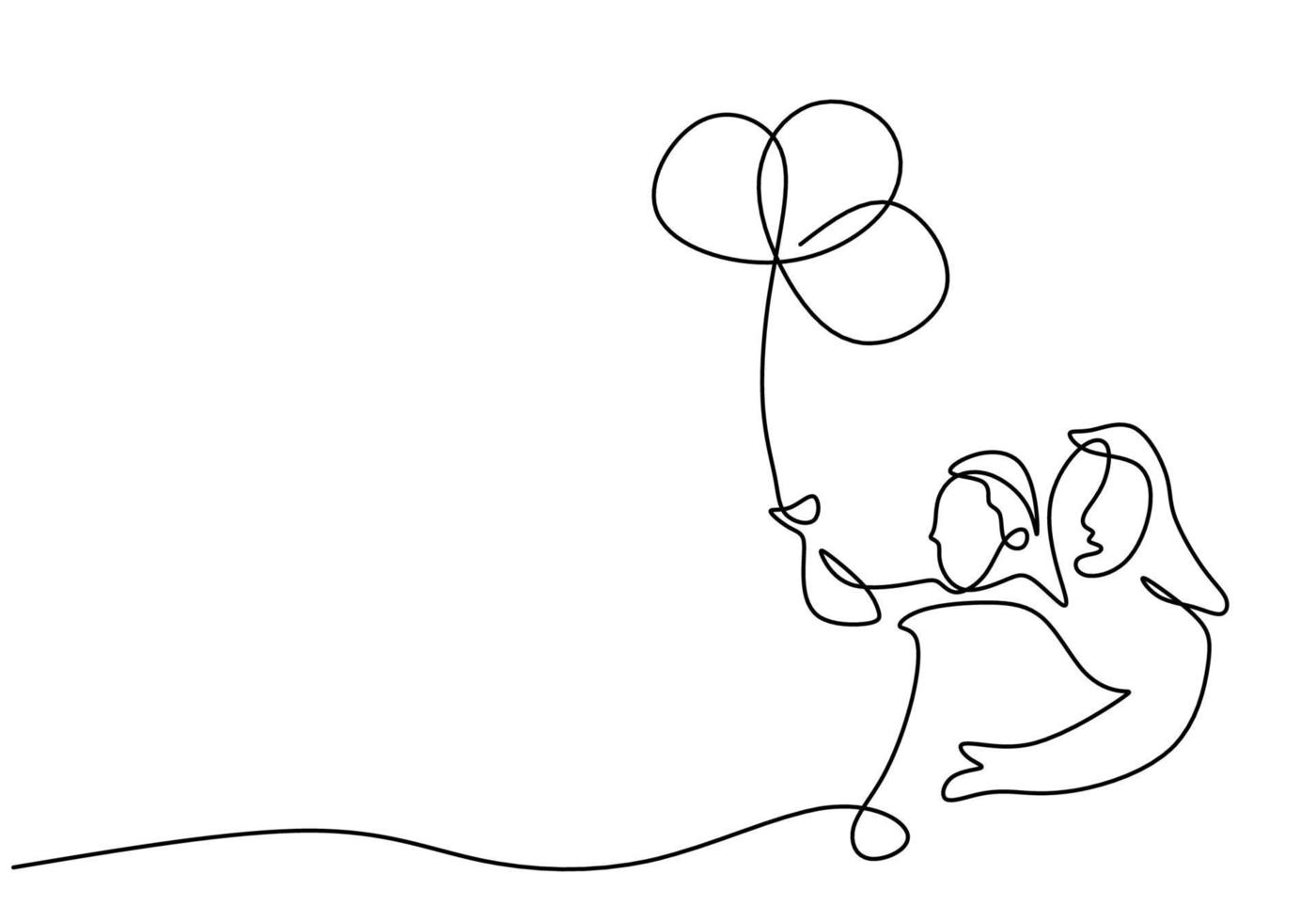 One continuous single line of mother and daughter holding balloon vector