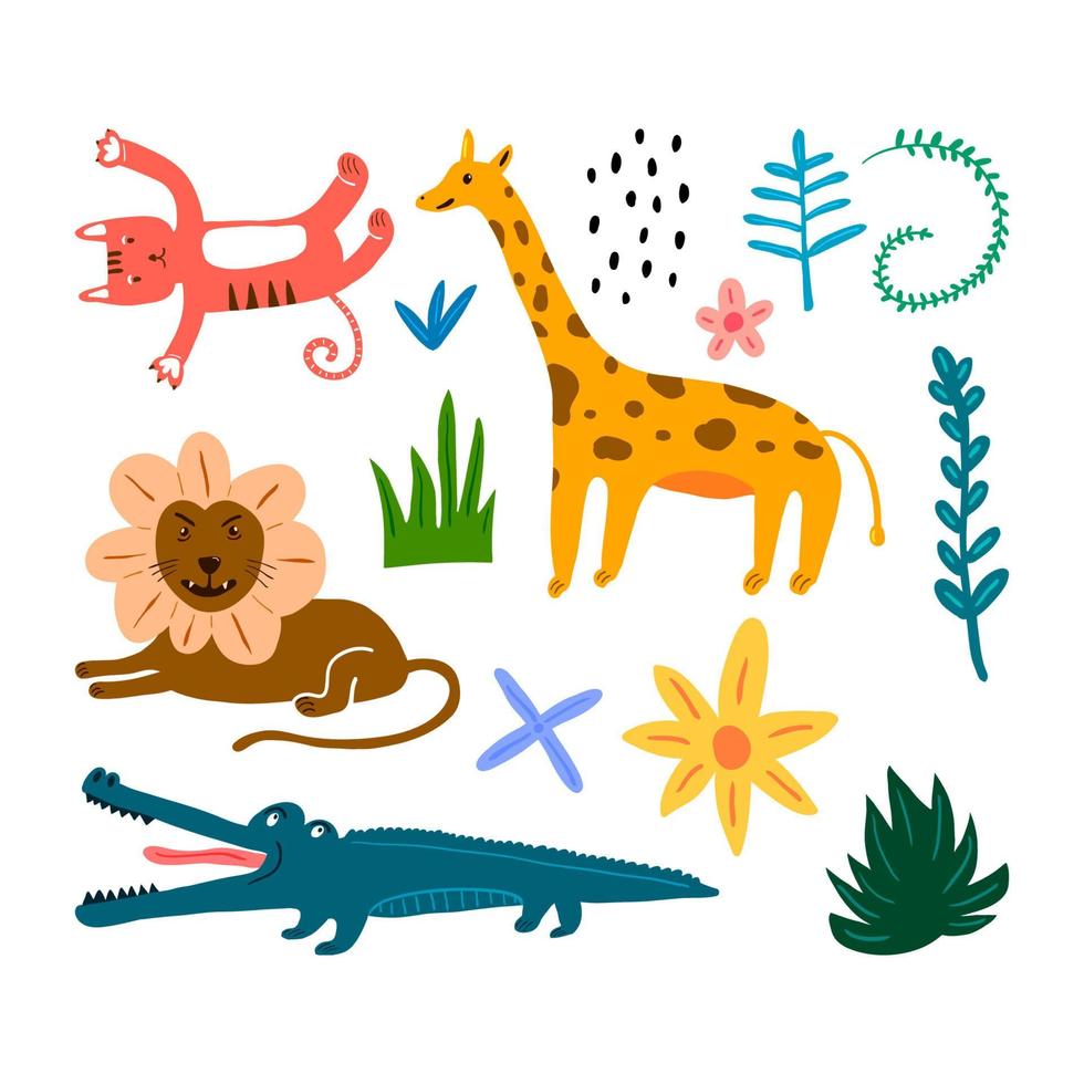 Set of lion, crocodile, giraffe and zebra cute animal childish style vector