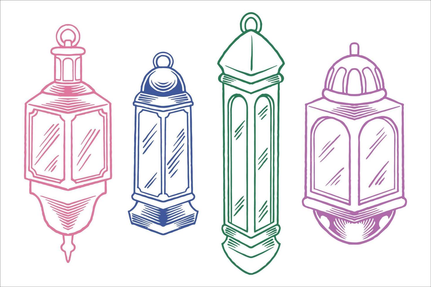 conjunto de linternas dibujadas a mano para ramadán en estilo colorido. vector