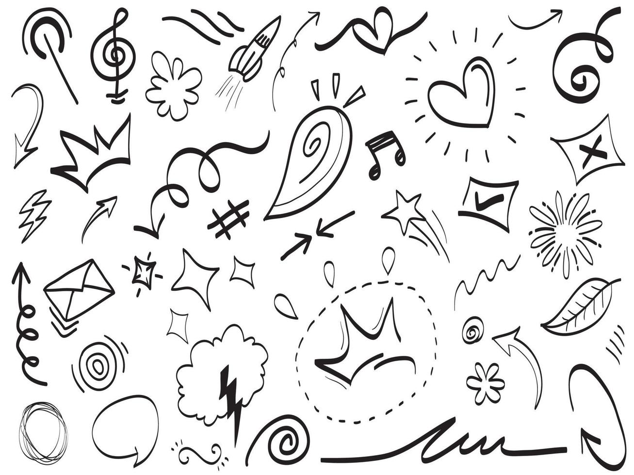 Abstract arrows, ribbons, crowns, hearts, explosions and other elements in hand drawn style for concept design. Doodle illustration. Vector template for decoration