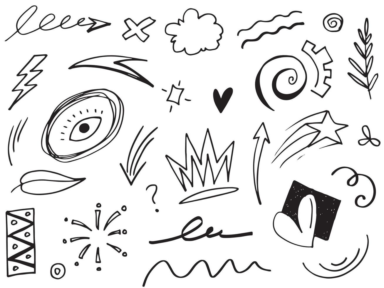 Abstract arrows, ribbons, crowns, hearts, explosions and other elements in hand drawn style for concept design. Doodle illustration. Vector template for decoration