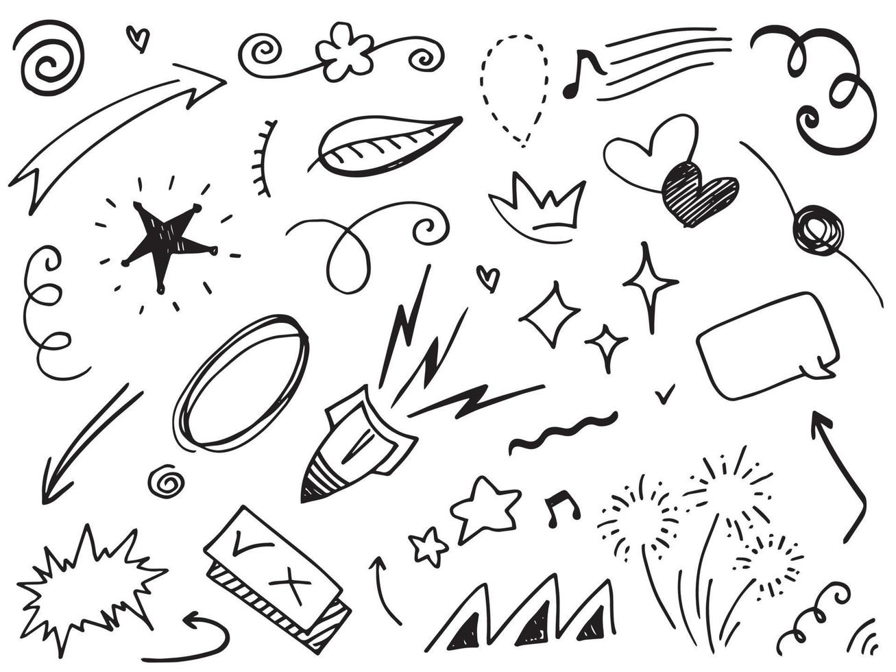 Abstract arrows, ribbons, crowns, hearts, explosions and other elements in hand drawn style for concept design. Doodle illustration. Vector template for decoration