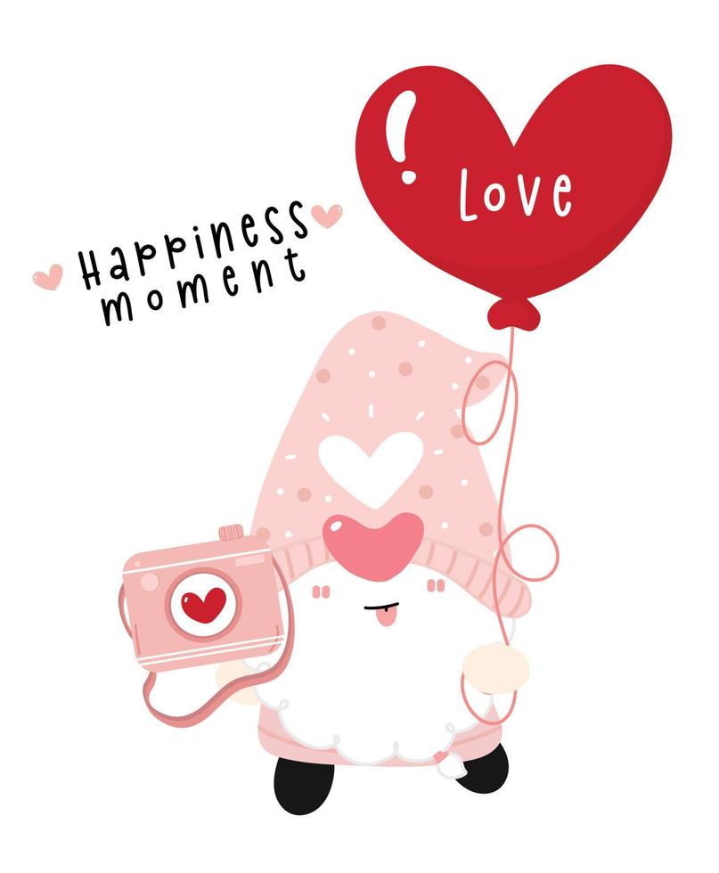 Cute happy Valentine Gnome boy have camera and heart shape balloons, happiness moment, cartoon flat vector